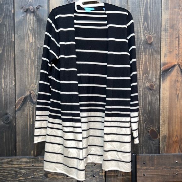 J. McLaughlin Merino Wool Cardigan M Black Cream Striped Long Open Soft Stretch - Picture 1 of 10
